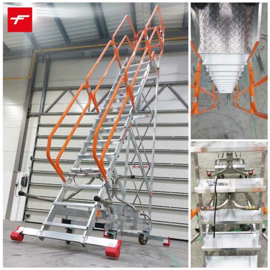 Podest aluminiowy z głębokimi schodami i barierkami Spec MD0117 Faraone