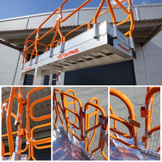 platforma robocza z długim balkonem, bramka bezpieczeństwa i barierkami - Spec MD0137 Faraone