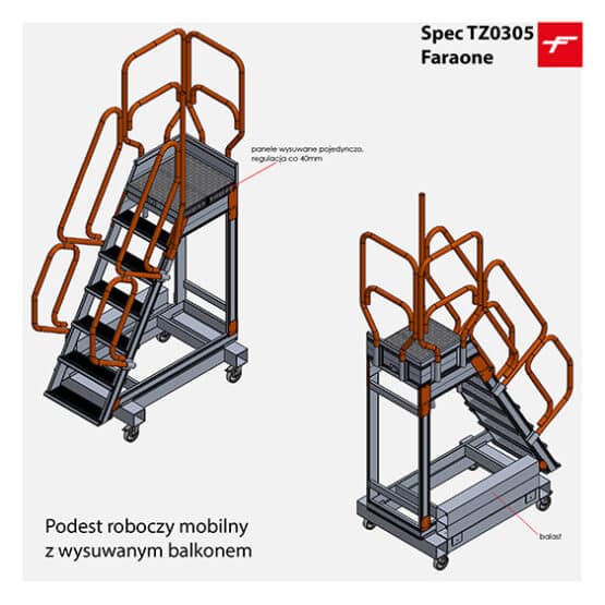 Podest z wysuwanym balkonem TZ0305 Faraone; dwa regulowane niezależnie panele