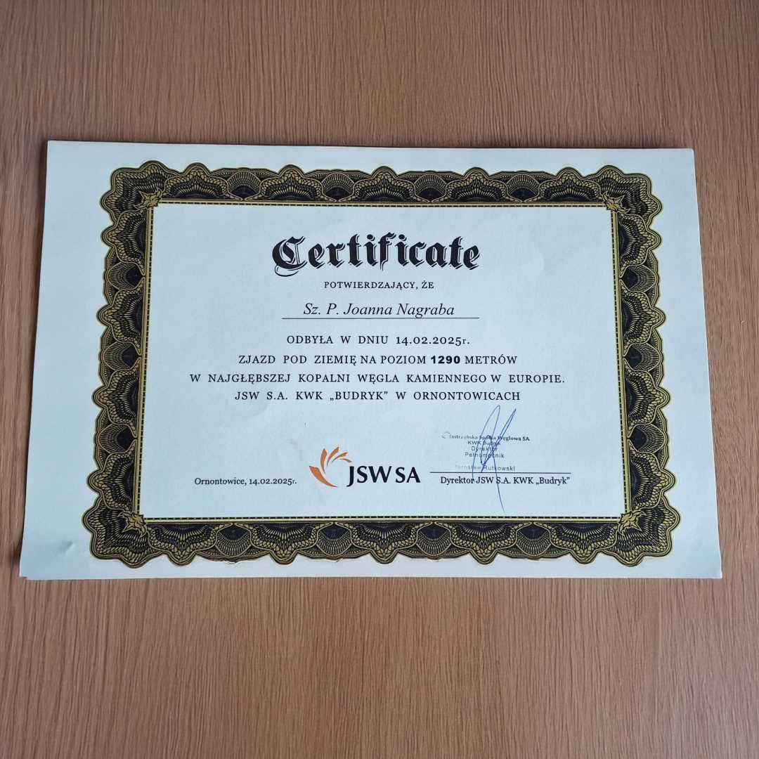 Certyfikat JSW SA dla Joanny Nagraby