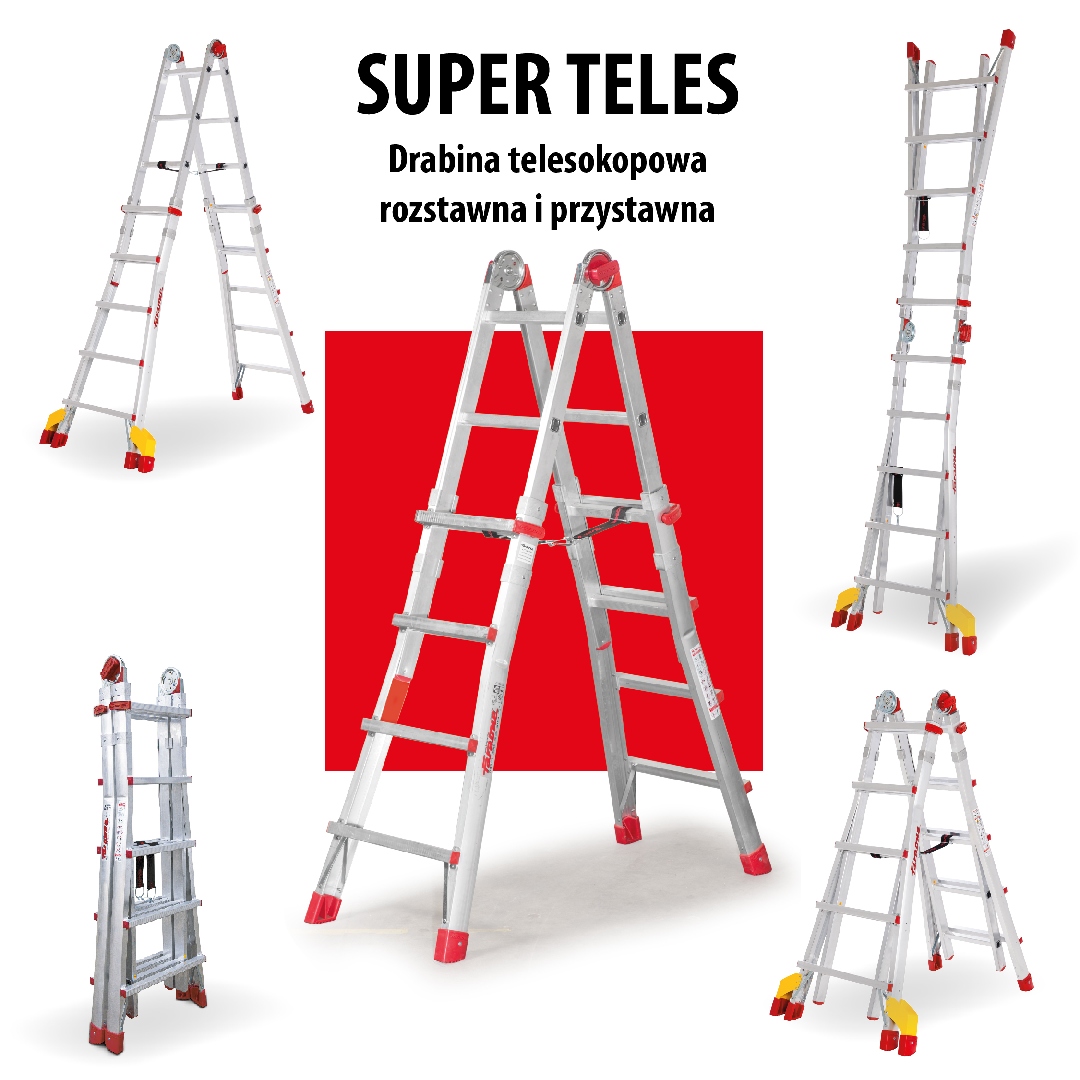 Drabina Super Teles - multifunkcjonalna; teleskopowa, rozstawna i przystawna.
