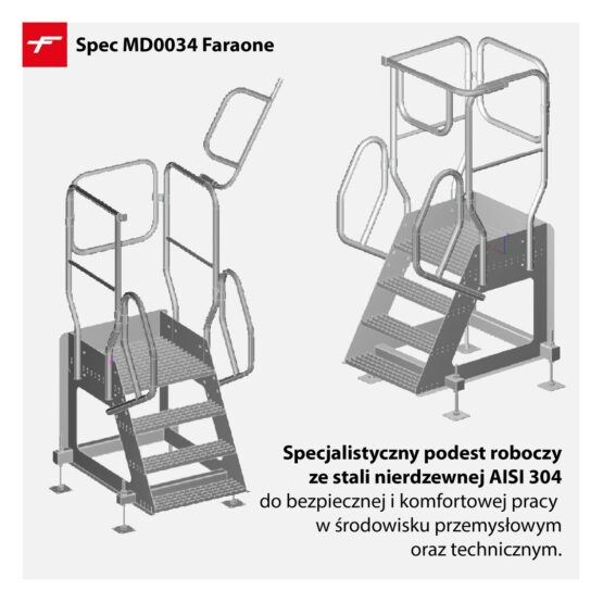 Podest roboczy ze stali nierdzewnej Spec MD0034 Faraone do bezpiecznej i komfortowej pracy w środowisku przemysłowym oraz technicznym
