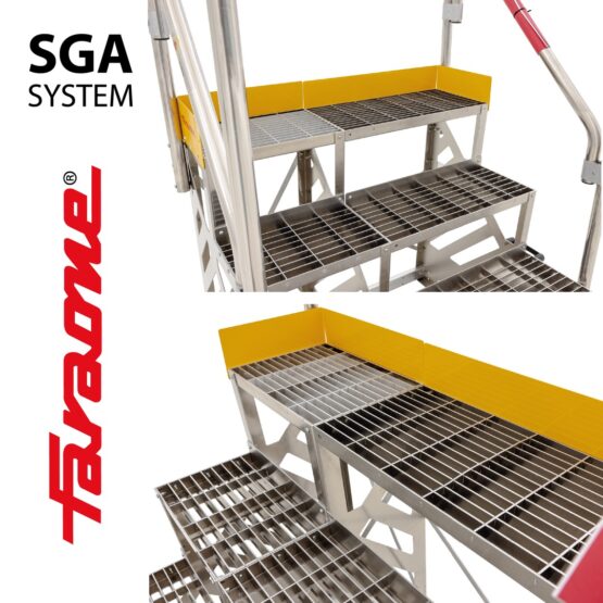 Antypoślizgowe stopnie i podest roboczy schodów przemysłowych Faraone SGA System Spec PK0130 do zastosowań przemysłowych i serwisowych.